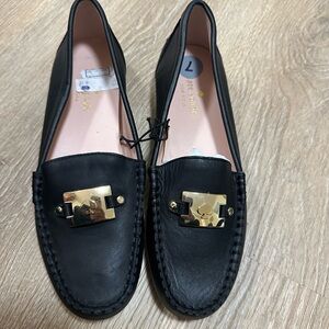 Kate Spade Black “Carmen” Leather Loafers with Gold Buckle. New.